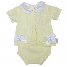 MC727-Lemon: Baby Knitted 2 Piece Set With Double Bows (0-9 Months)